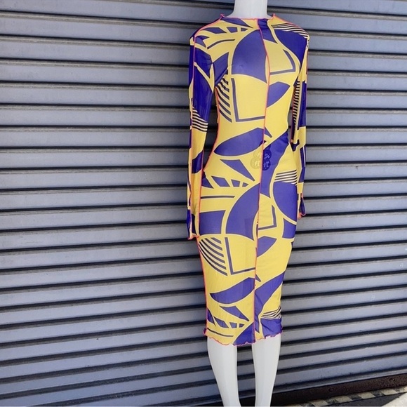 Fashion Nova Yellow and Purple Geometric Dress Mesh Dress Long Sleeve Size L - Picture 3 of 9